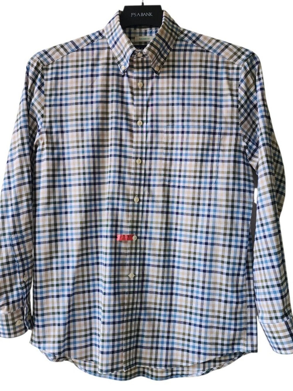 Medium Checked Shirt M Blue Beige White Jos A Bank Tailored Fit Casual Cotton Sz